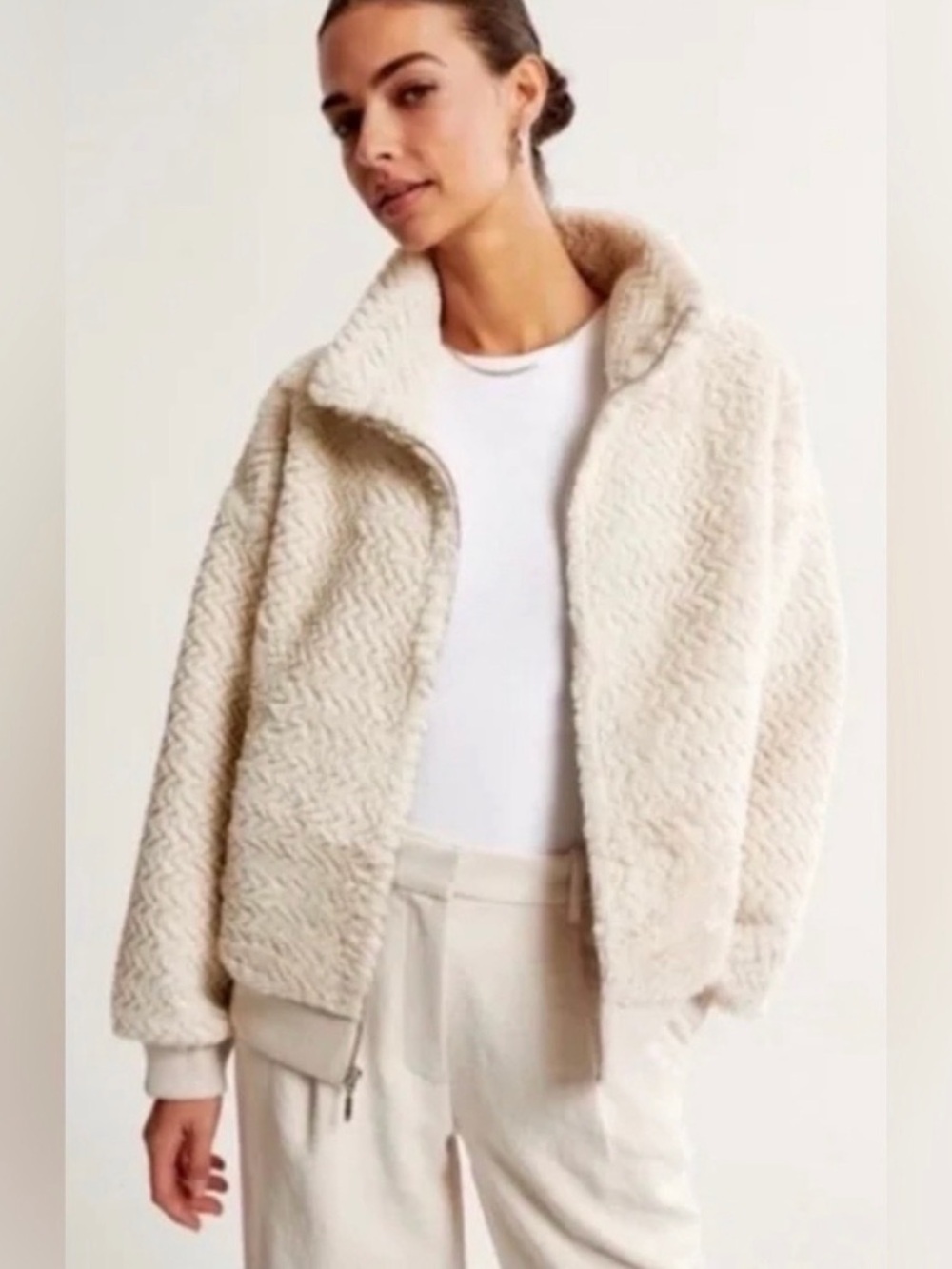 Abercrombie & Fitch Cream Teddy Zip Jacket